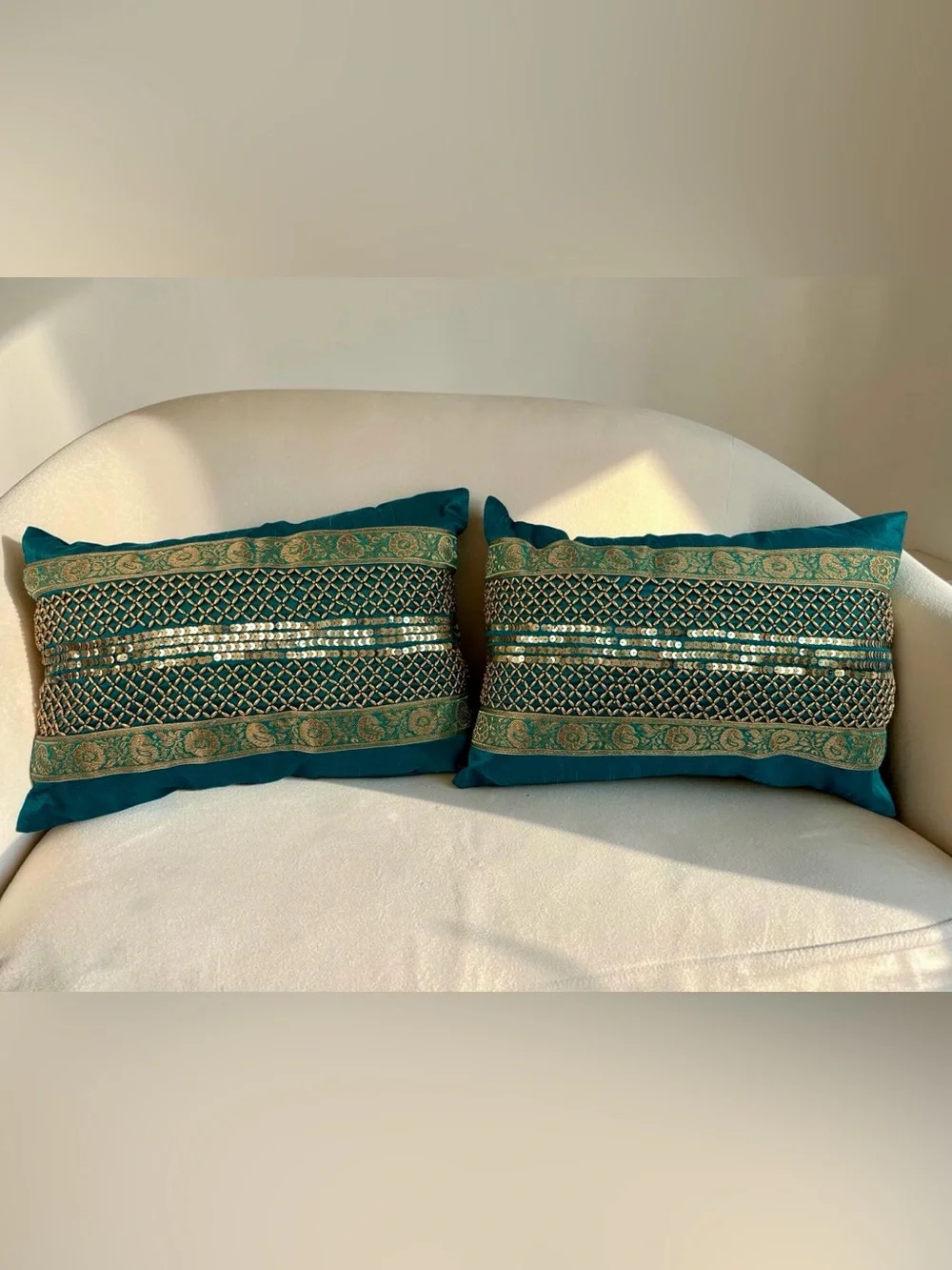 Pier 1 Imports Teal Gold Beaded Sequin Lumbar Pillows SET OF 2 13x19 inches